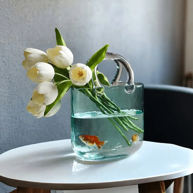 Reusable Modern Creative Bag Carrying Basket Glass Vase Wholesale Houseware Clear Customized Glass Vase For Table Decoration