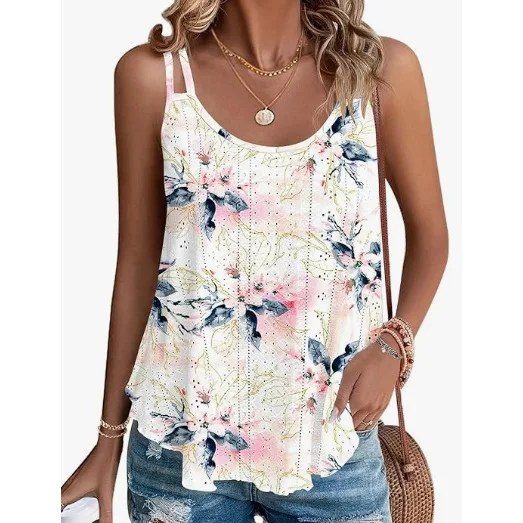 Custom Design Womens Fashion Tank Tops Embroidery Sleeveless Spaghetti Strap Tops Scoop Neck Loose Casual Summer Flowy Shirt