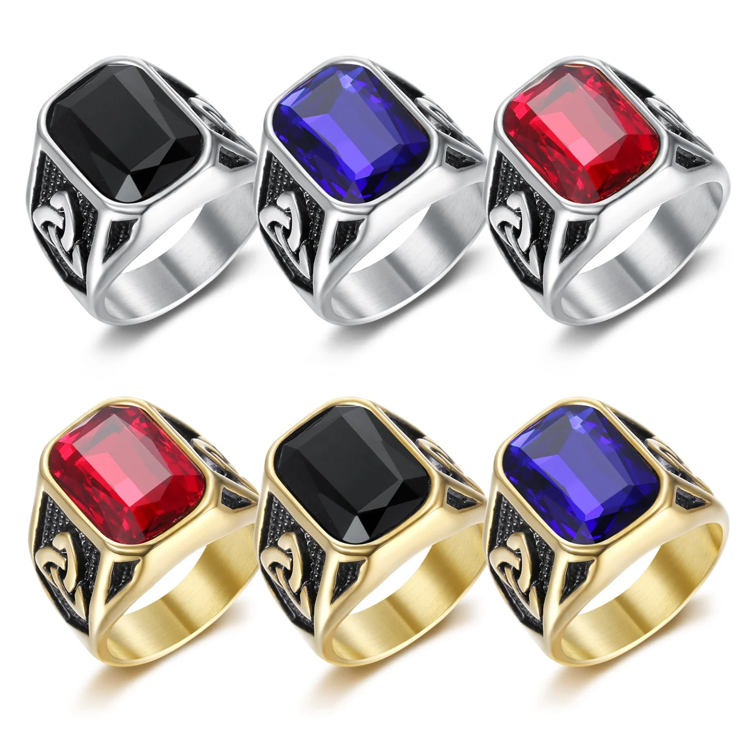 Wholesale Custom Ruby ring sapphire royal blue Stainless Steel  Black stone ring for men Gold Jewelry