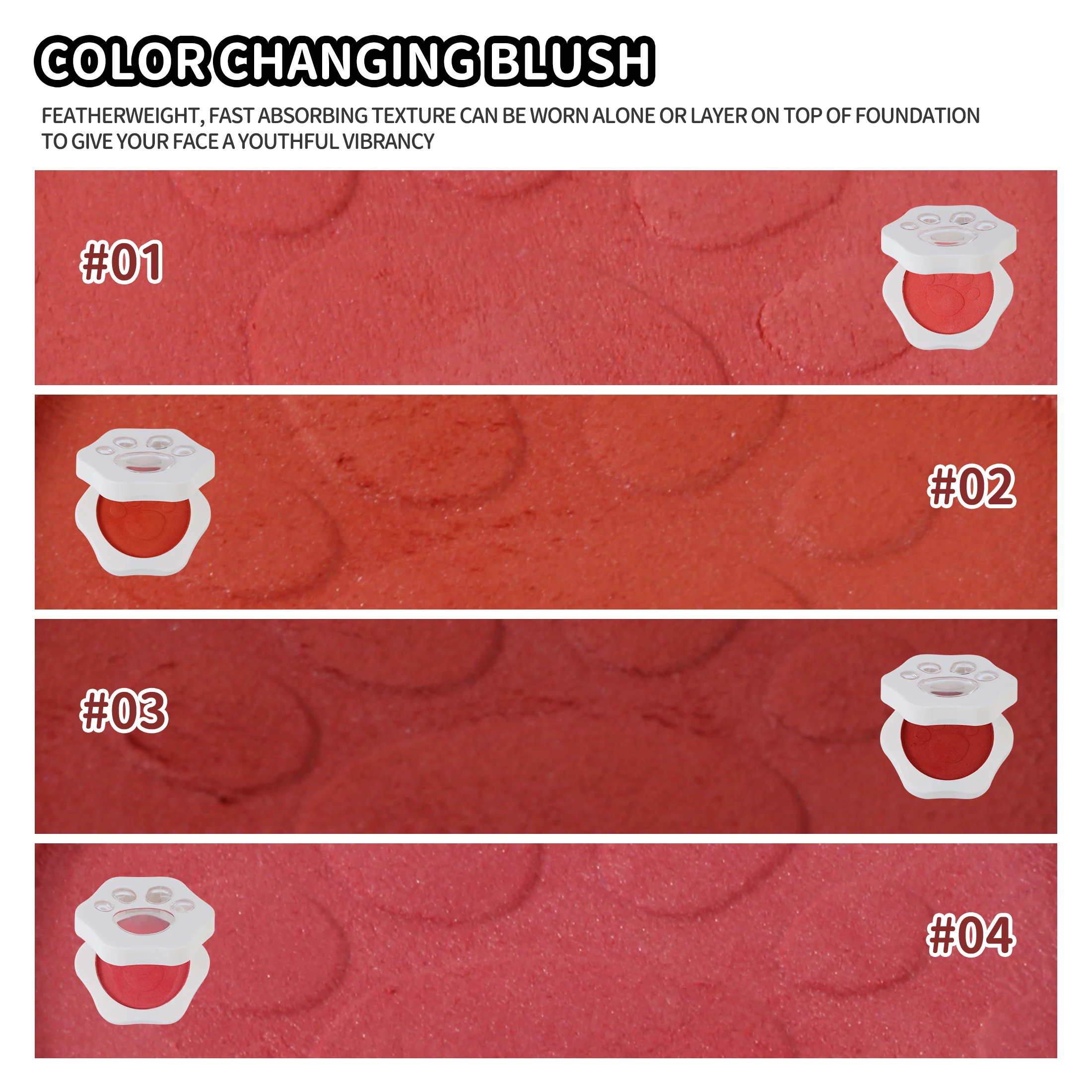 Make Up Blush Cheek Change 4 Color Private Label Custom Multi Color Natural-Looking Long-Lasting Cat Paw Blush Palette