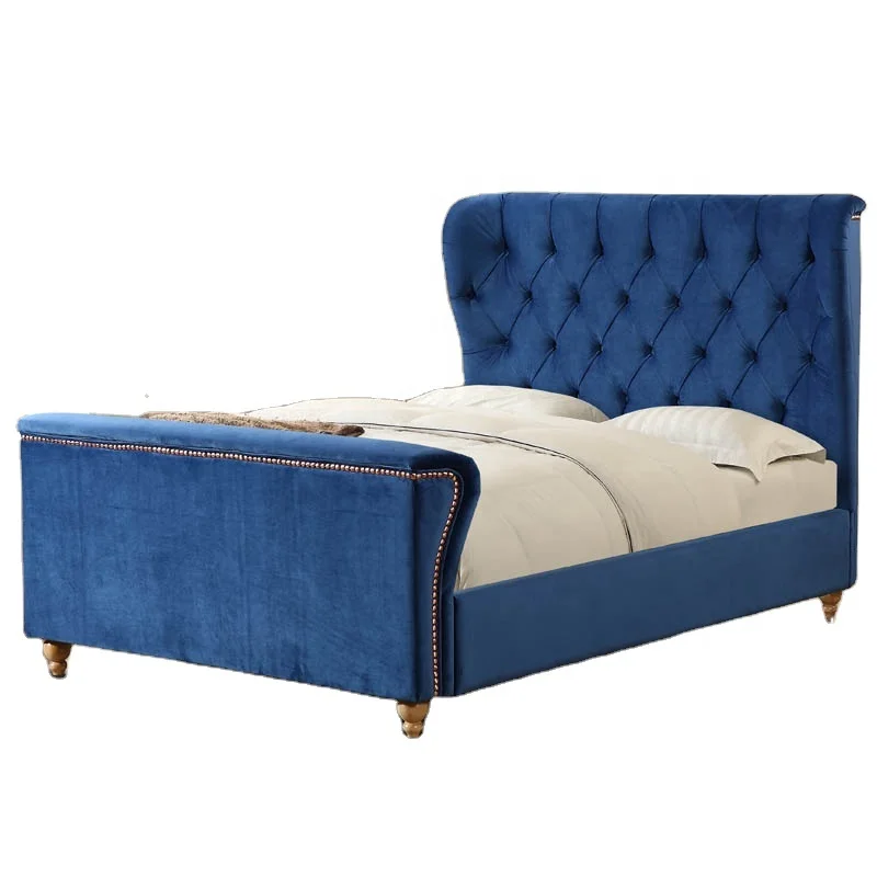 Modern luxury Wing Back king size Bed Frame velvet Fabric Button upholstered bed
