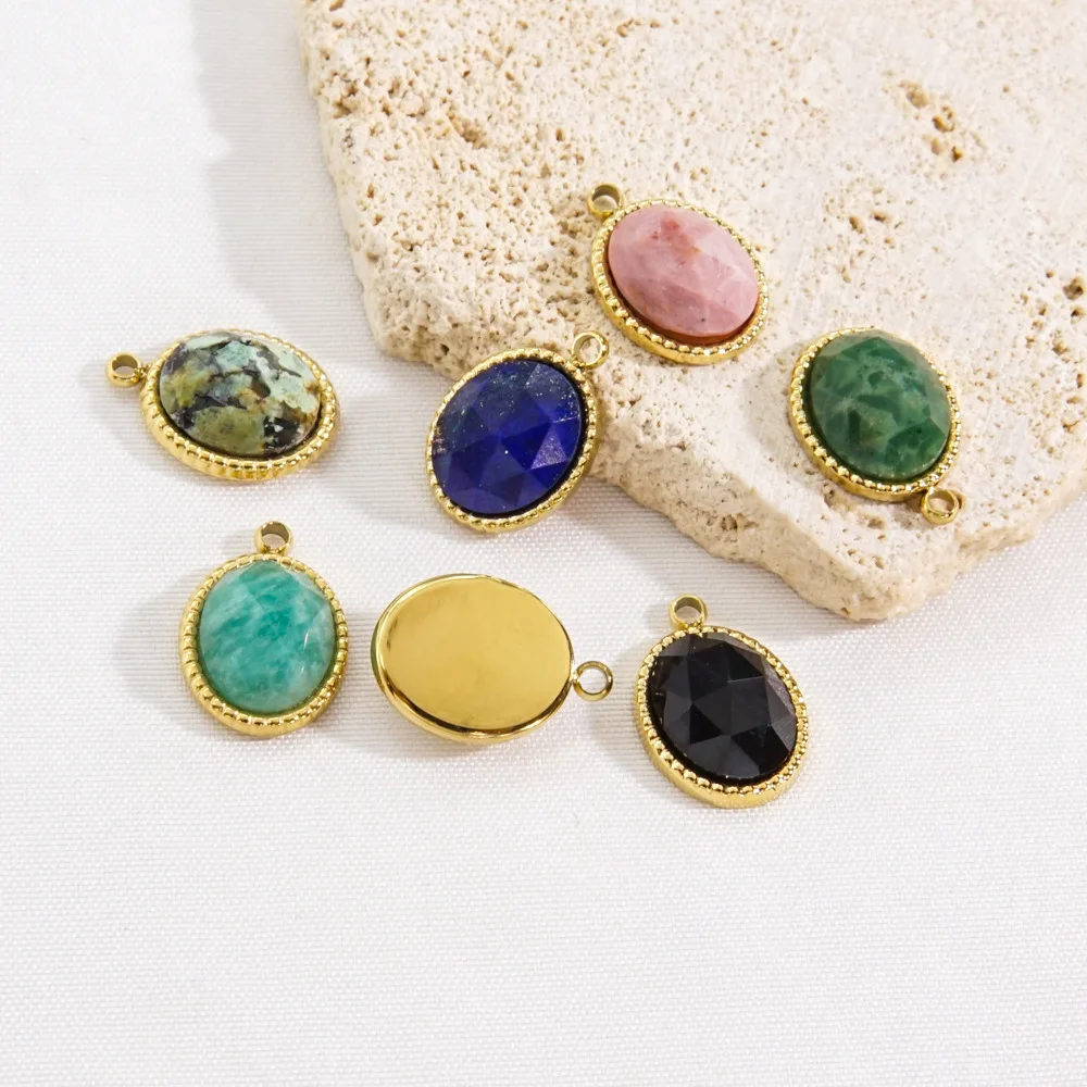 10.5*15mm Healing Natural Stone Pendant Stainless Steel 14K Gold Vacuum Plated Oval Pendants & Charms DIY Jewelry Making