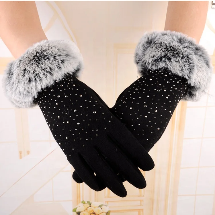 Plus velvet winter Girl rhinestone full finger gloves