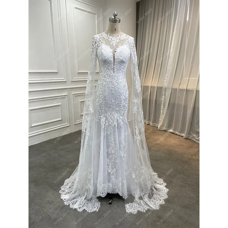 Women Modest African Flare Long Sleeves Appliques Wedding Dresses White Alibaba Bride Mermaid Floral Lace Elegant Civil Gown