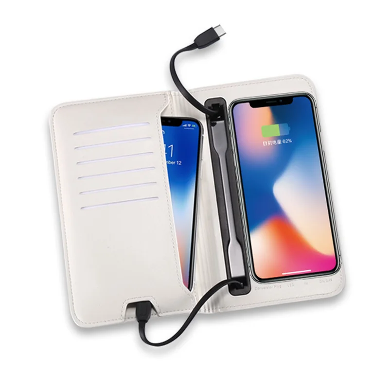 PU Leather Wallet with Wireless Power Bank Charging Pocket 6800mah with Two Built-in Cables