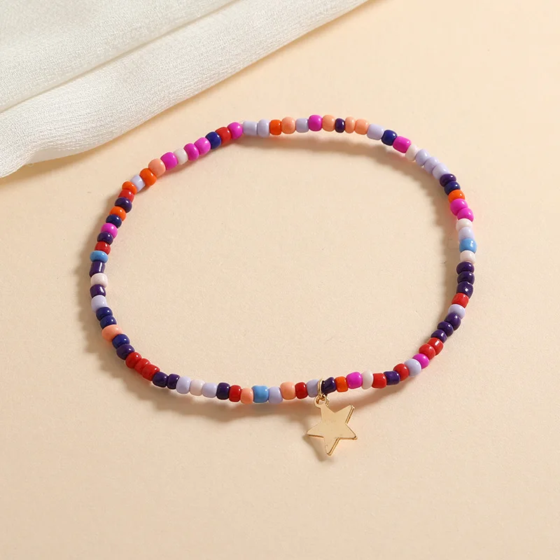 Moon Star Lock Cactus Anklet Pink Blue anklet set Boho Dainty Beaded Ankle Bracelet