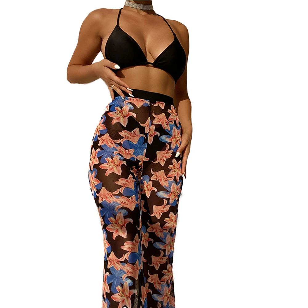 FS Sexy Girl Micro Bikini Set Competition Black Suspenders Floral Printed Mesh Transparent Flared Trousers Swimsuits Three Piece