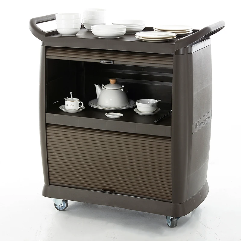 Sunnyhomie Eco Friendly 3 Shelf Plastic Cleaning Service Trolley Cart With Door And 4 Wheels