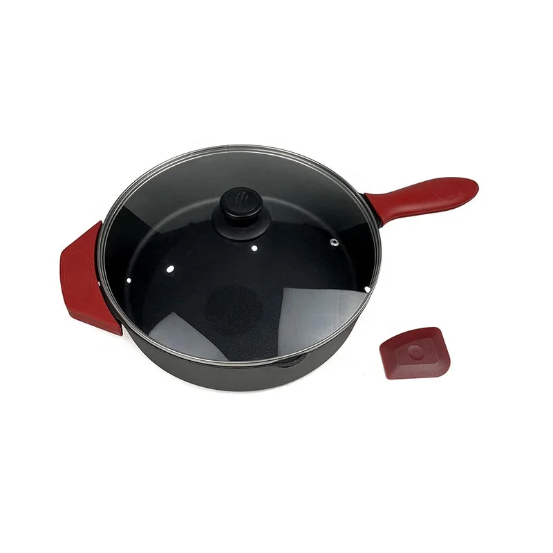 2-Дюймовая предварительно приправленная чугунная большая глубокая сковородка стеклянная крышка в комплекте с красными силиконовыми ручками и