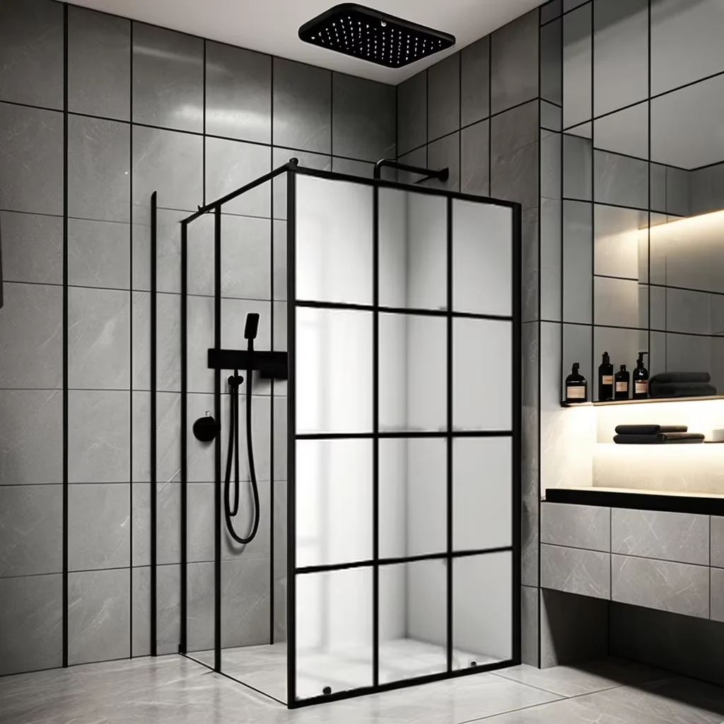 Black Stainless Steel Support Bar Shower Rooms Black Aluminum Alloy Profile Transparent 6mm Tempered Glass Silk Print Picture