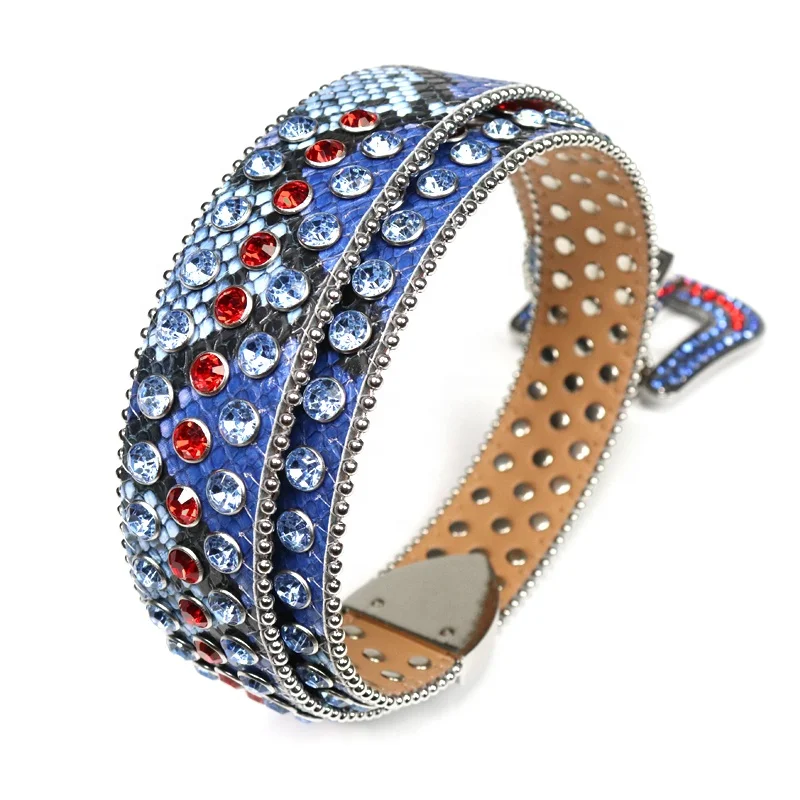 New Western Bling Bling Snake Skin Leather Rhinestone Belts Fashion Men Shiny Blue&Red Diamond Crystal Waist Belt Vendor