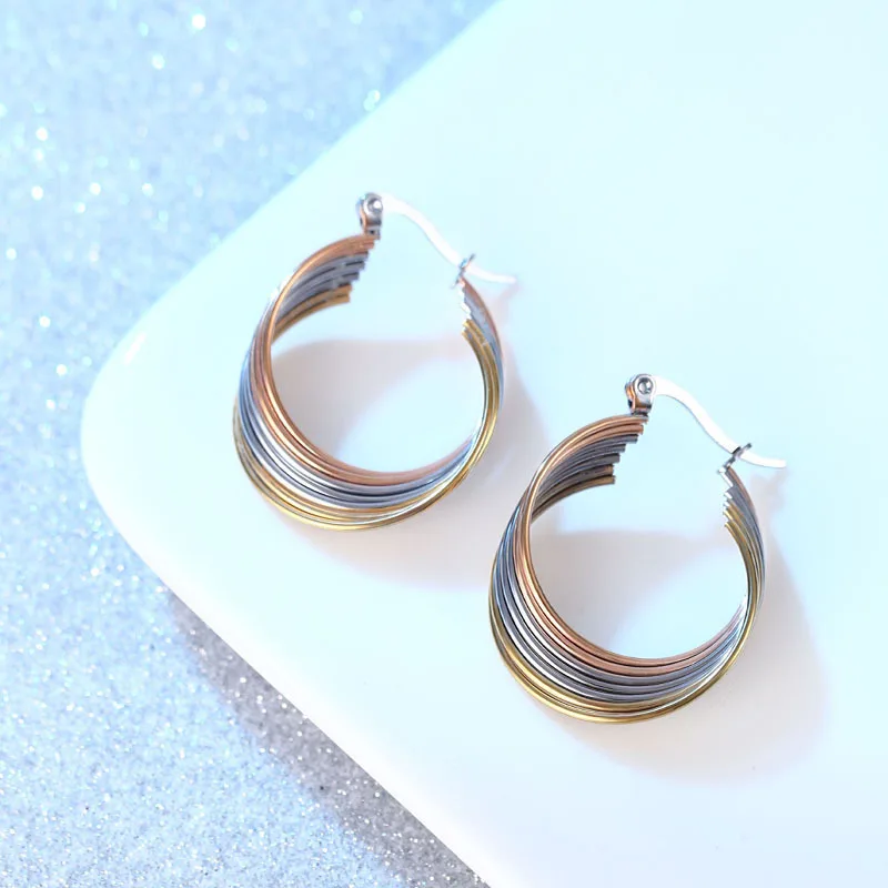 NUORO Minimalist 18K Rose Gold Silver Plated Stainless Steel Hoop Earrings Jewelry Triple Colors Joint Rings Ear Buckle Earrings
