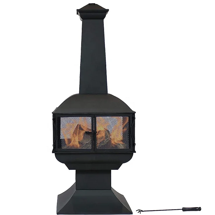 360-Degree Fire View 57-Inch Black Steel Chiminea With Log Grate Cover Poker Protective Mesh Screen