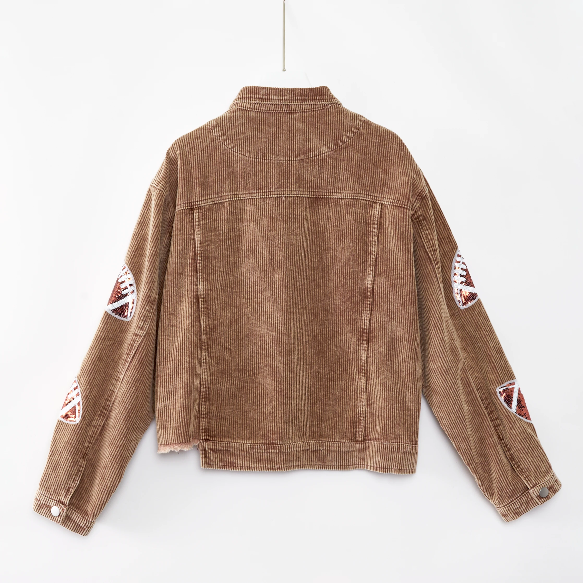 Wholesale sequin corduroy jacket woman vintage wash fringe shacket glitter football embroidery patch jackets for women