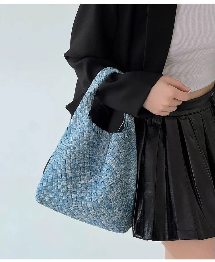 Factory Price 2 Pieces Set Weave Mini Medium Large Bags Handbag Woven Denim Tote Bag