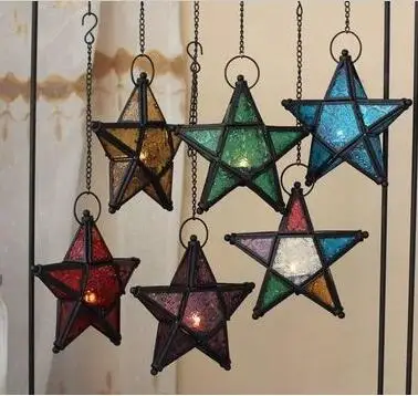 
Star Decoration Hanging and Stand Two Way Use Wedding Candle Lantern With Multicolored Patterned Glass 