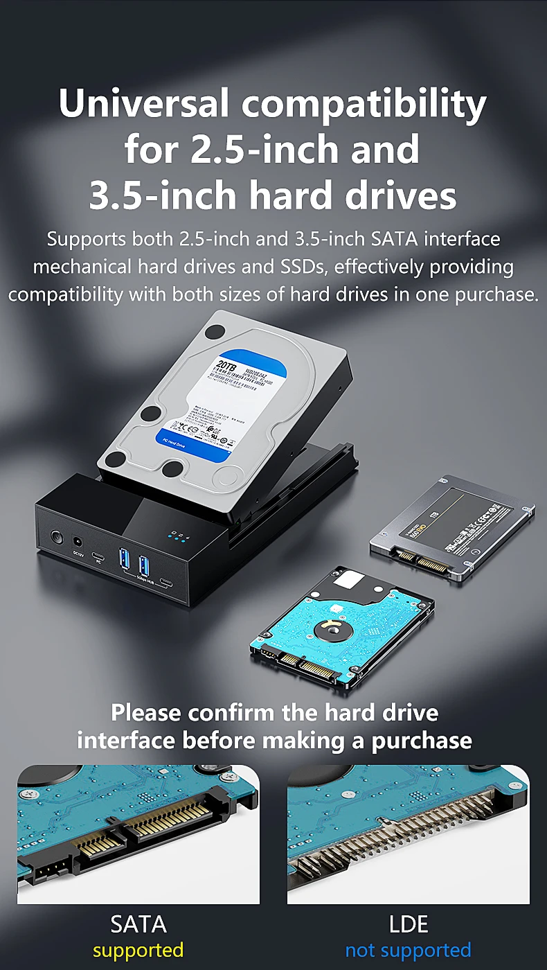 3.5 inch HDD Case with Type C HUB usb3.0 ABS plastic tool free hdd case SATA 3.5 usb3.0 HDD Enclosure