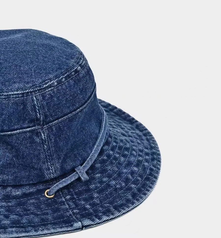 Packable Outdoor Travel Sun Hats Wide Brim Outlet Washed Cotton Blue Jeans Denim Bucket Hat with String