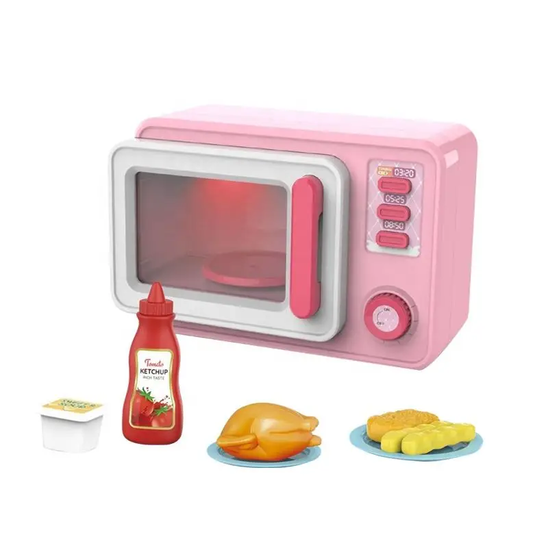Hot Selling Education Miniature Pretend Toy Kitchen Toys Pink Mini Microwave Oven Toy With Light And Music For Girl