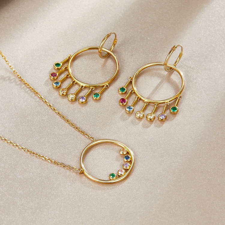  18k Gold Plated Jewelry Sets Tassel Color CZ Stone Circles Necklace
