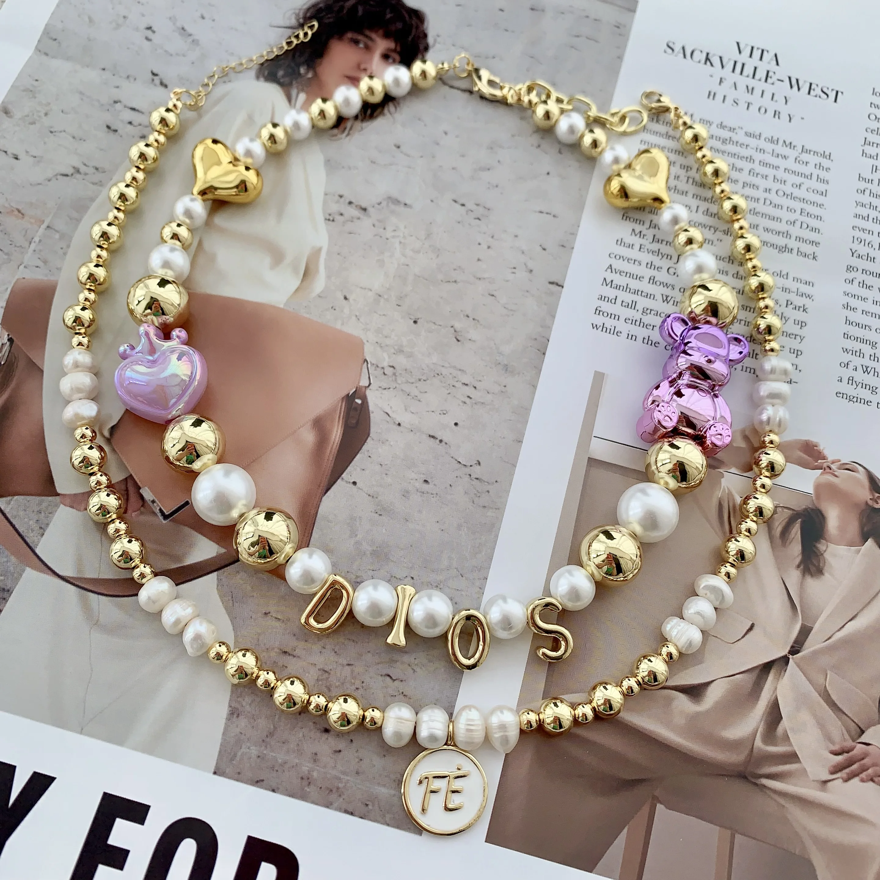 LS-L3617 Gorgeous enamel Fe necklaces God religious Dios necklace women men resin charms freshwater pearl necklace