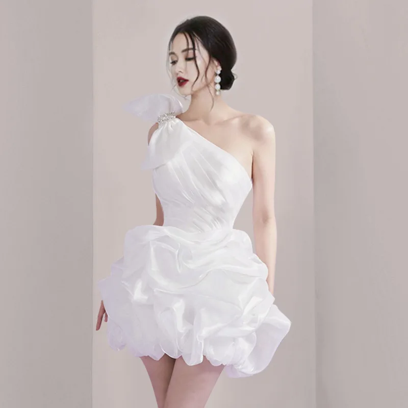 Elegant Single Shoulder Bow Blossom Skirt Sexy Open Back Waist Dress