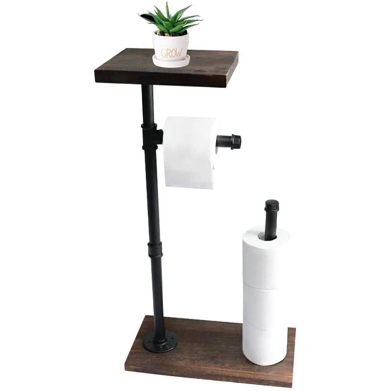 2021 Amazon Best Sellers Toilet Paper Holder Stand with Shelf Cast Iron Pipe with Wooden Base Perfect for Bathroom, Hotel