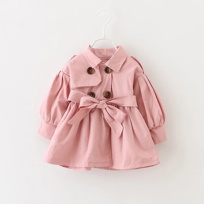 
British style Spring and Autumn Infant Child Solid Color Tops Baby Girl jacket Belt Waist Windbreaker Baby Trench Coat 