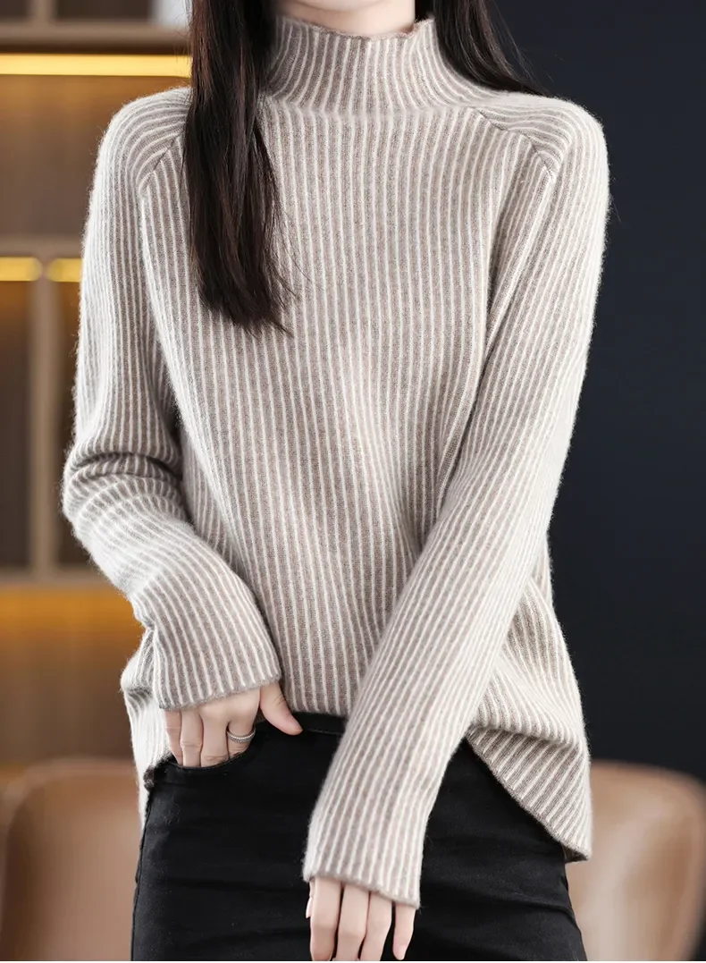 Popular New Product Contrast Color Striped Long Hair Cashmere Knitted Sweater Wool Turtleneck Pullover Custom Knit