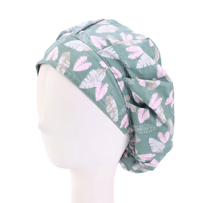 In stock colorful pattern elastic bouffant scrub hats washable full skull cotton working cap for long hair ladies