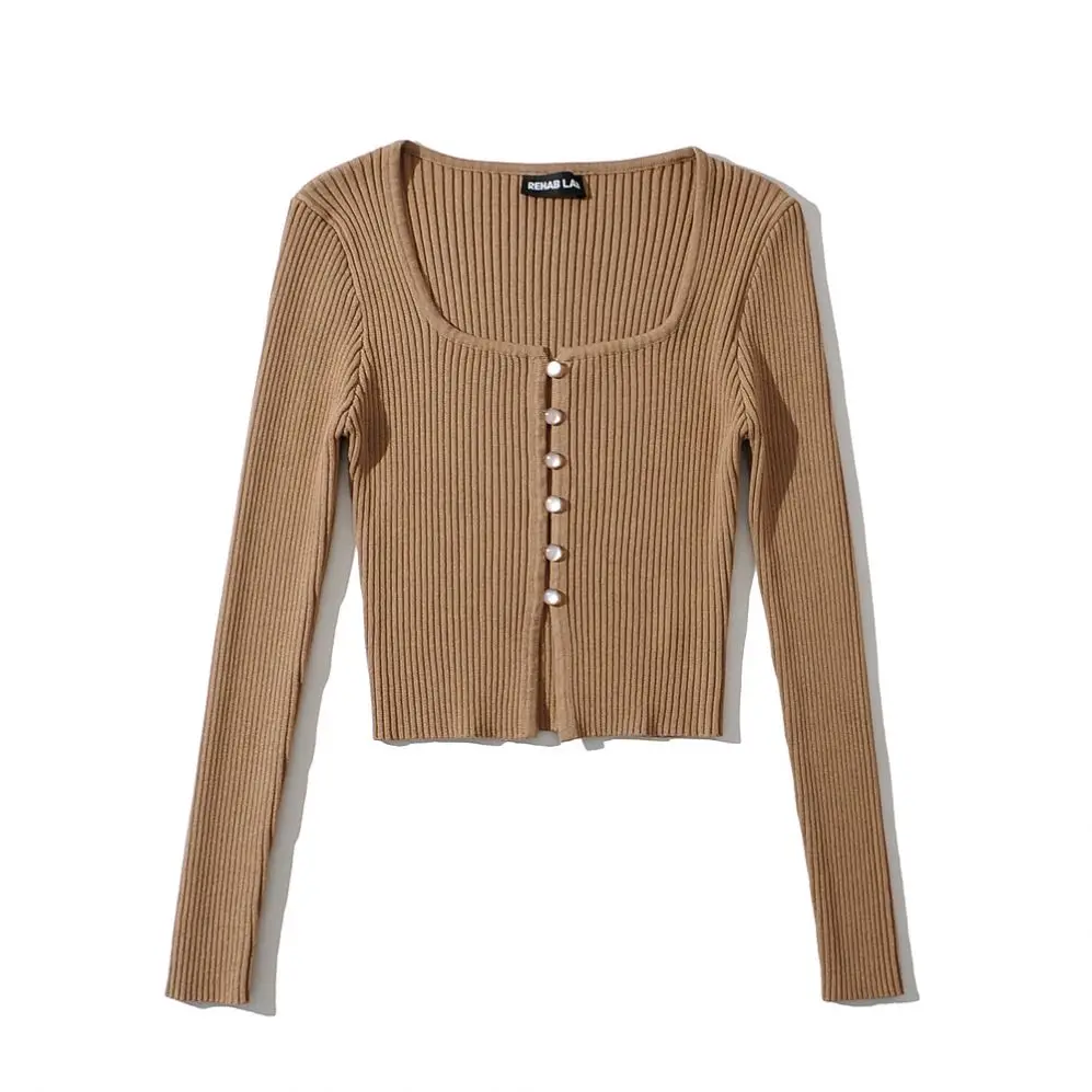 W212 5 colorway ribbed stretchy square collar vintage retro design single breasted cropped cardigan women knitted sweater