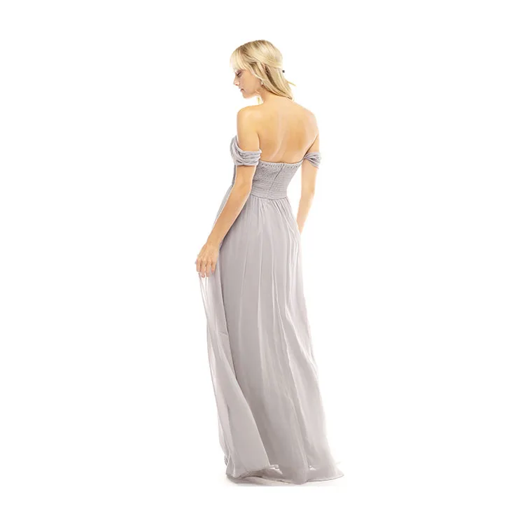 
Latest design a-line maxi backless muti way off shoulder bridesmaid dresses chiffon gray 