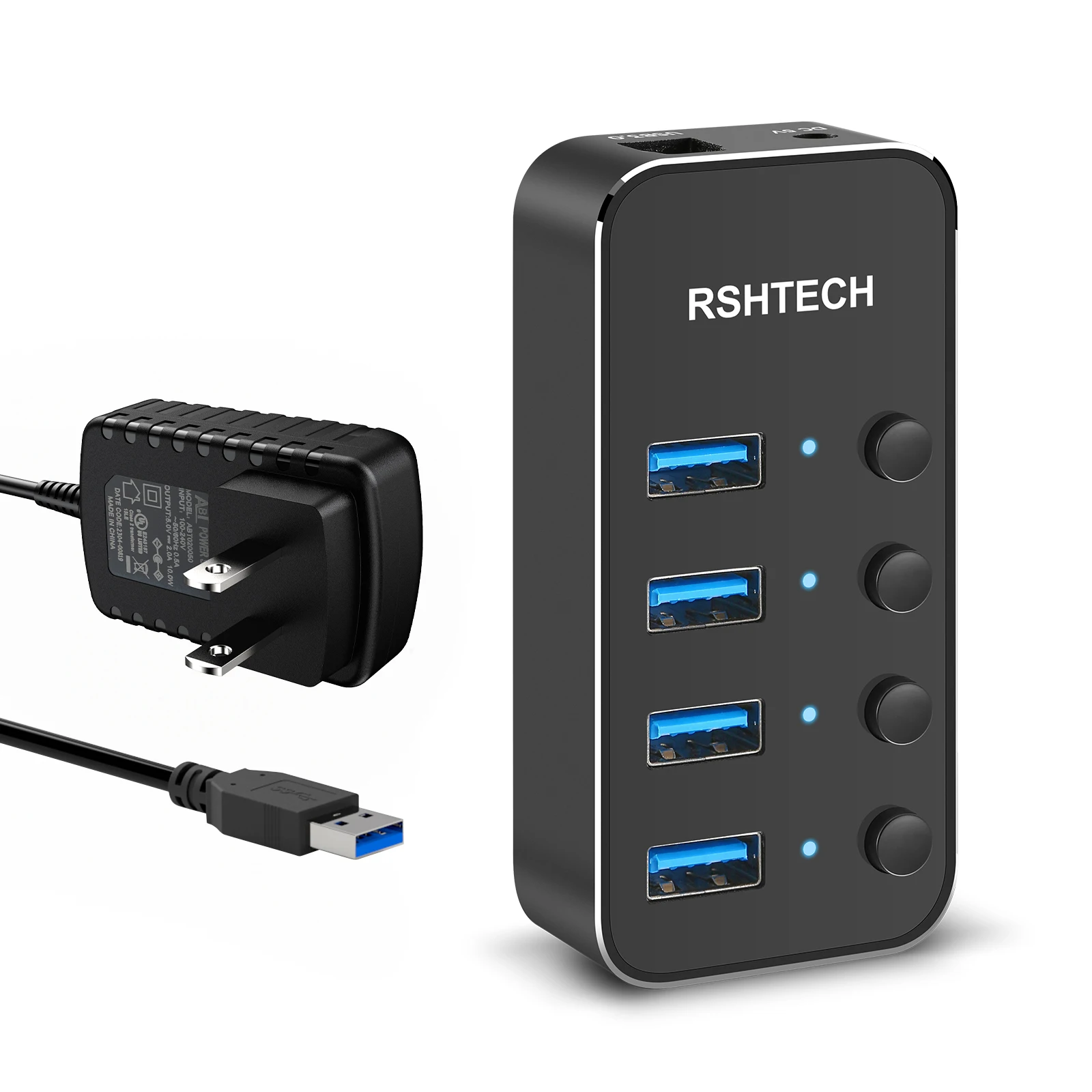 RSHTECH Powered USB Hub Universal 5V/2A AC Power Individual On/Off Switches 5Gbps High-speed 4 Port USB 3.0 Hub for PC Laptop