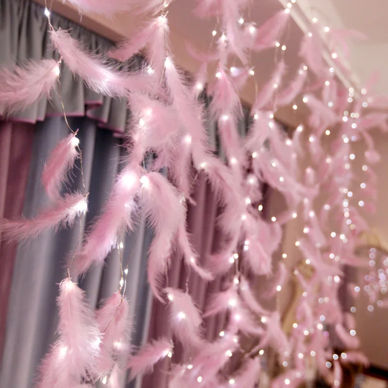 
The room is decorated with LED copper curtain decorative light string decorative feather remote control USB color series light 