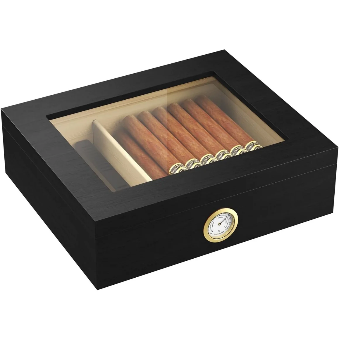 Handmade Black Wooden Desktop Cigar Humidor 20-30 Count Capacity Portable Mechanical Hygrometer Humidifiers Divider Glass Top