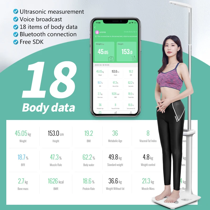 BT Commercial LCD Play Ultrasonic Physical BMI Adult Standing Height and Weight Scale Body Analyzer