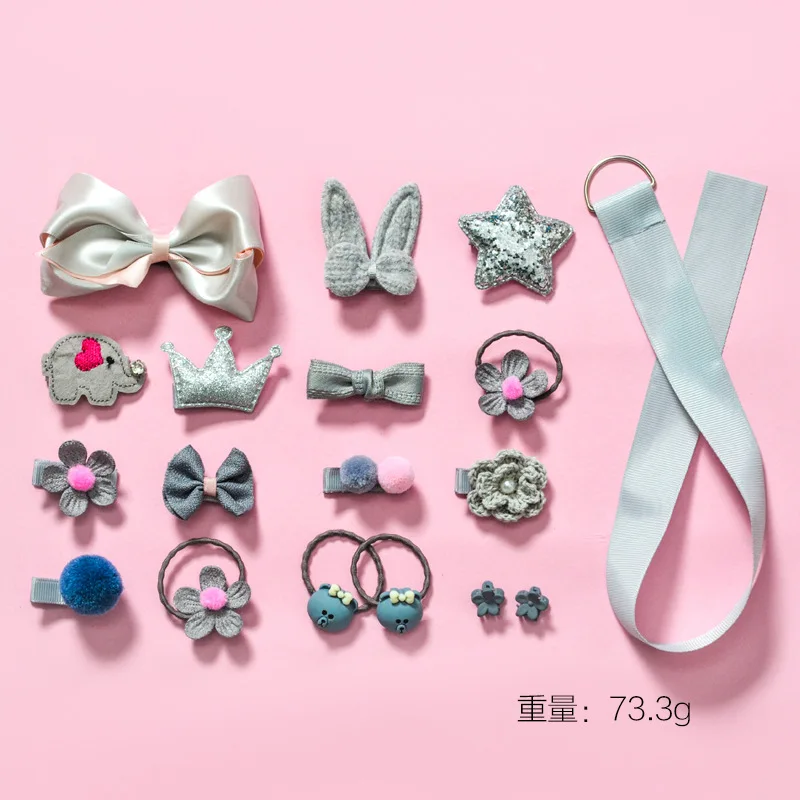 Children hair accessories 18 pieces sets fabric hair clips  bowknot hair rubber bands animal charm cute jewelry for kids