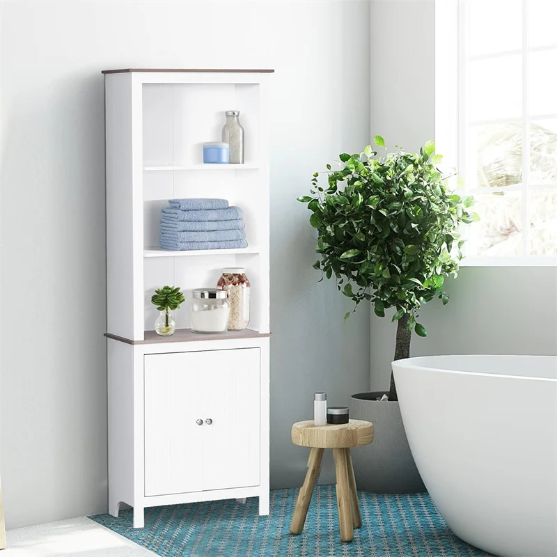 69' Freestanding Storage Cabinet Bathroom Linen Tower Kitchen Cupboard Buffet Cabinet Bookcase with Double Door 3-Tier Shelf
