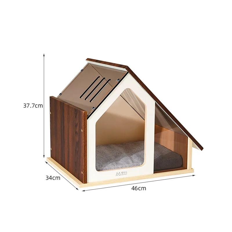 Wooden indoor cat pet house with window. Dog cat bed, modern furniture, kennel crate