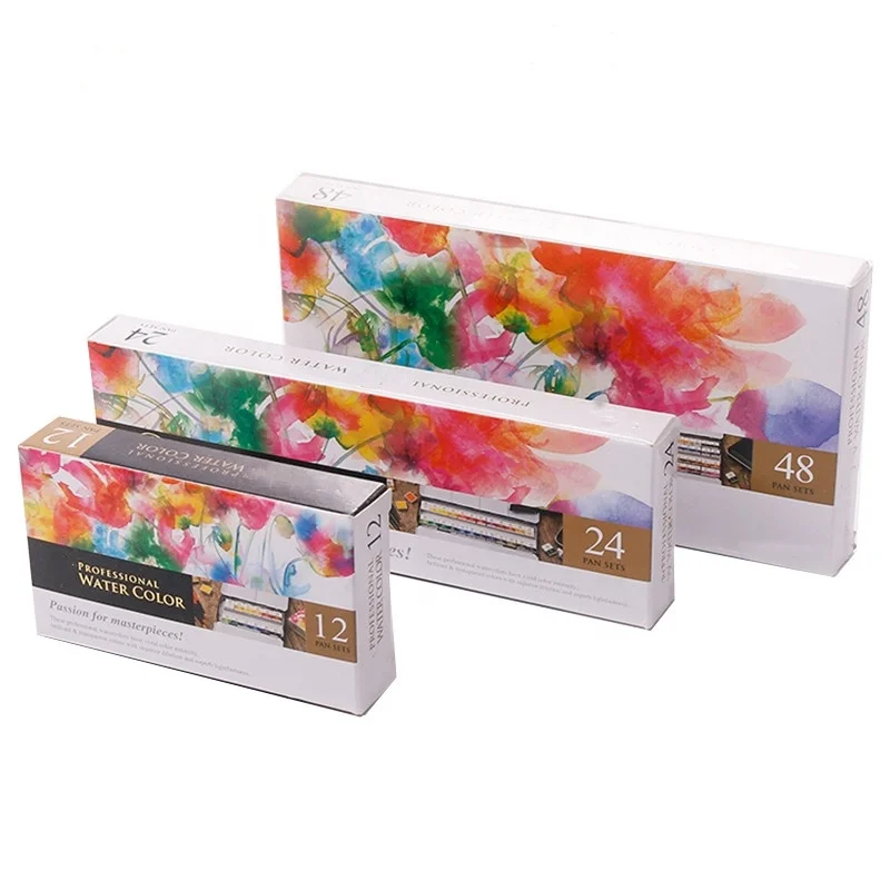Wholesale 12 24 48 colours branded watercolour sets brush plate paint water colour