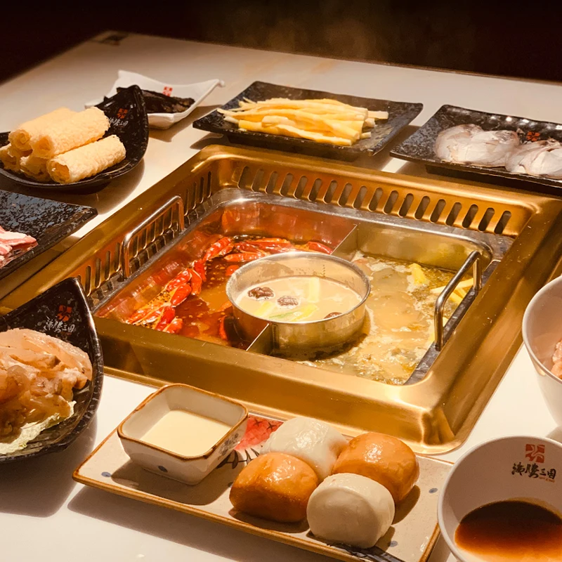 Lift-able commercial smokeless hot pot table wooden table top for restaurant