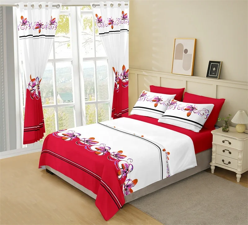 American Style King Size Microfiber 8 pcs Flower Printed Bedding Sheet Set with Curtains in stock