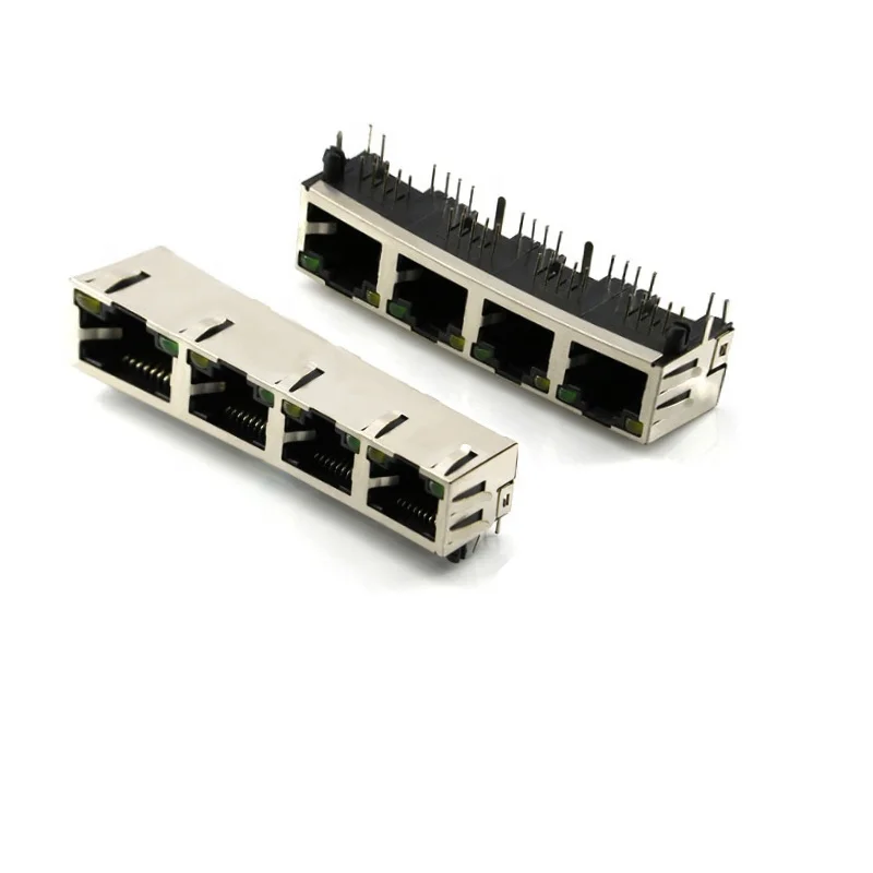 Network Female Connector  Multi-Port 1*4 Ports Shielded Socket Rj45 Connector With Led Light