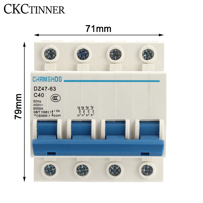 Mini Circuit Breaker MCB Cutout Breaker Switch DZ47-63 4P AC 400V 10A 16A 20A 25A 32A 40A 50A 63A