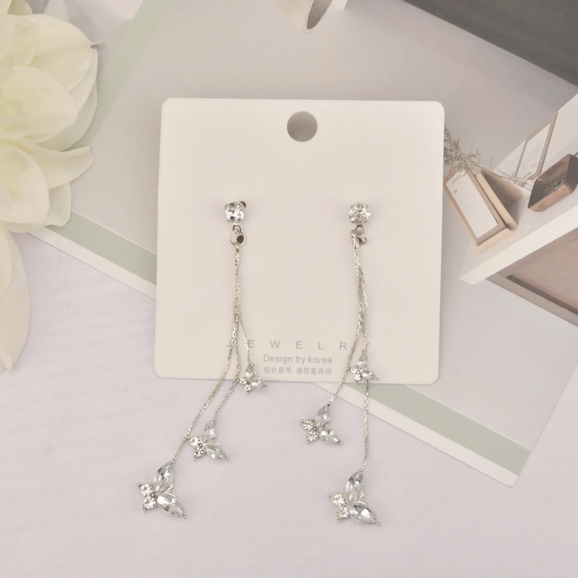 925 Silver Crystal Butterfly Earrings Long Tassel Earrings for Women