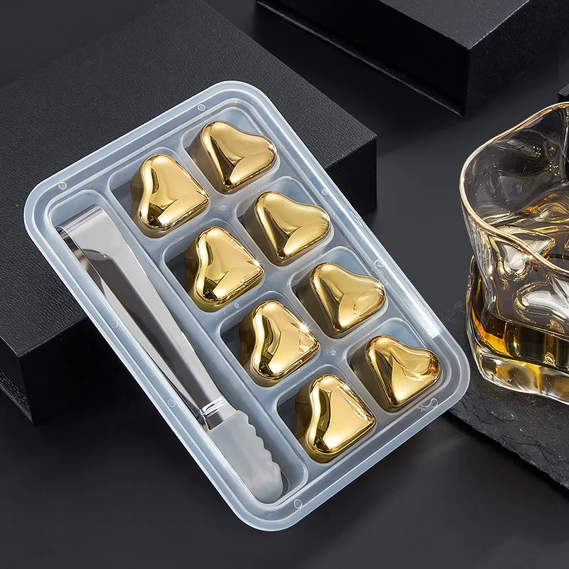 Wholesale Gold Heart Shaped Whiskey Stone Reusable Metal Chilling Stones Gift Set For Whiskey Bourbon Wine Shunstone Supplier