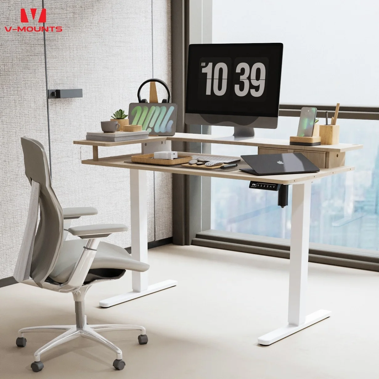 V-mounts Modern electric height adjustable desk with Organizable desk drawer & Acrylic anti-fall baffle JSD5-02-ZW-L