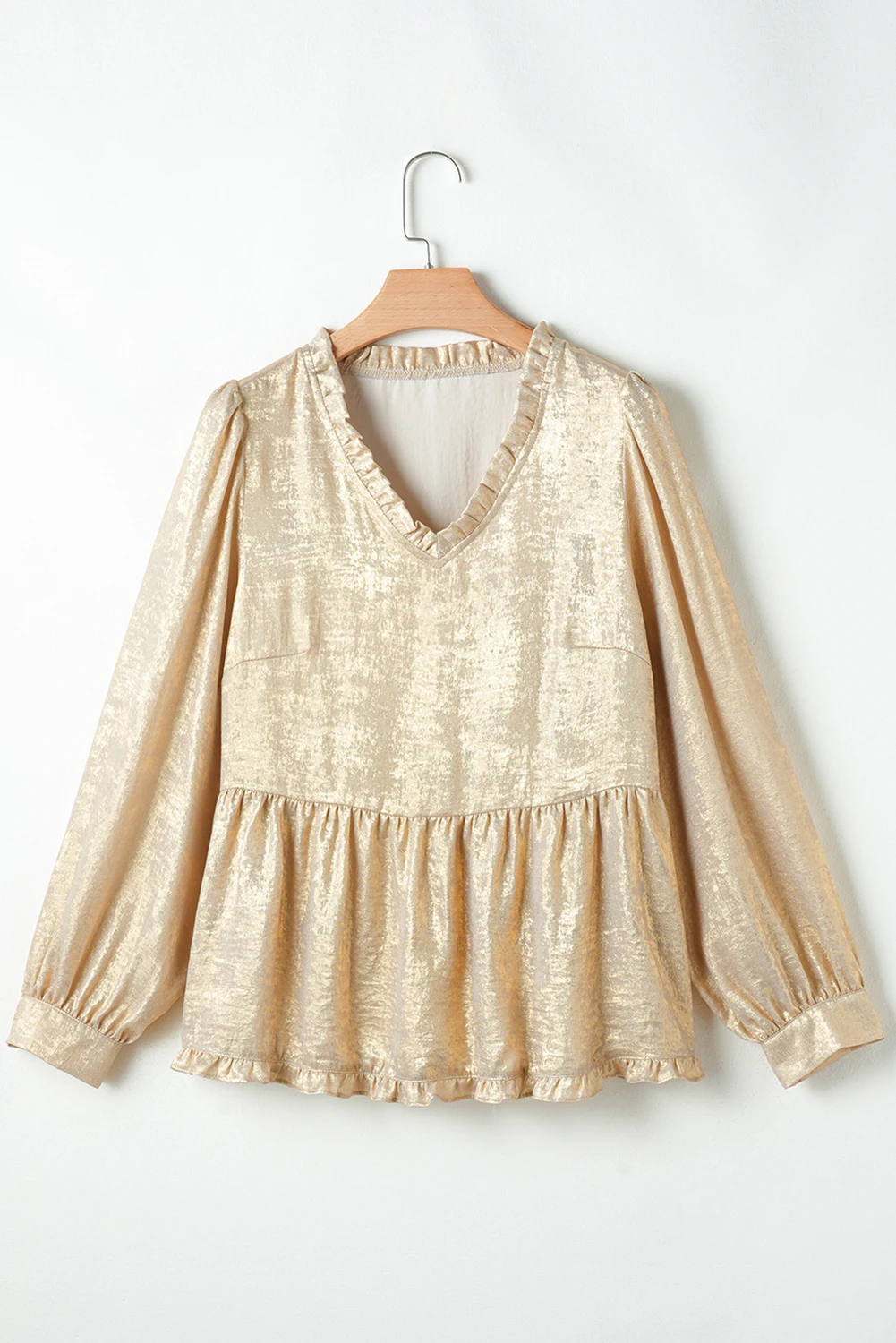 European America Women Gold Metallic Top Frilled V Neck Long Sleeve Ladies Casual Blouses
