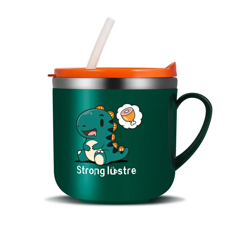 Custom Logo 316 Stainless Steel 250ml Milk Cup Double Wall Baby Bowl Cartoon Water Mug With Straw and Handle for Children