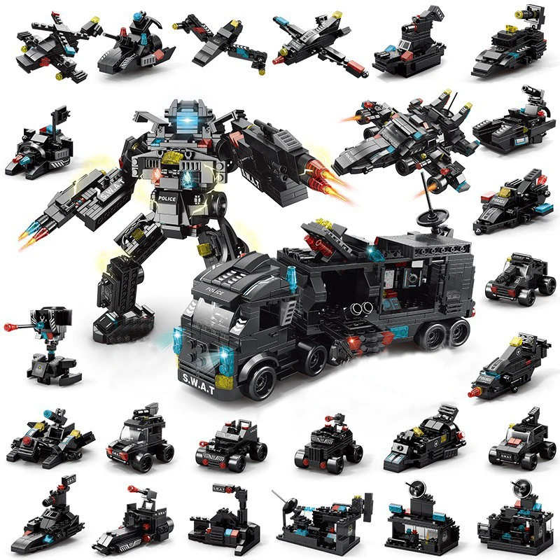 LELE BROTHER City Swat Police Building Block Assembling Toy Deformation Robot DIY Toy Bag Packing